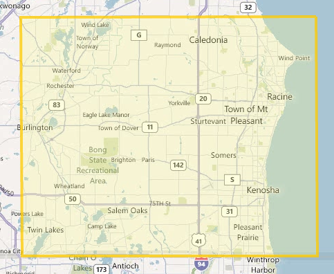 A map of Racine and Kenosha Counties